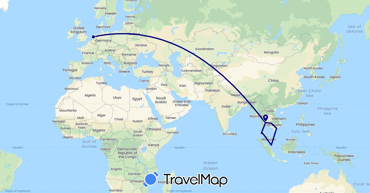 TravelMap itinerary: driving in Cambodia, Netherlands, Singapore, Thailand, Vietnam (Asia, Europe)